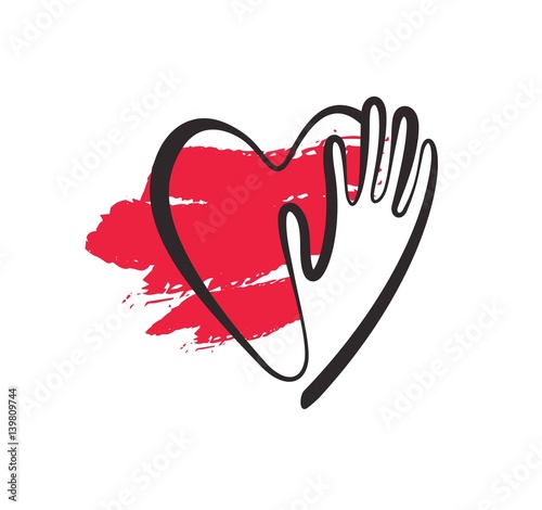 Vector hand with heart logo design, sign, icon, logo template for charity, health, voluntary, non profit organization, isolated on white background, Vector illustration