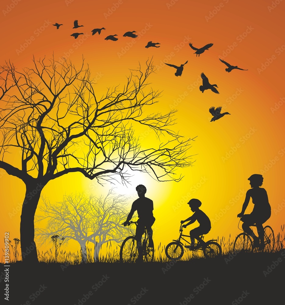 Family cycling in the countryside