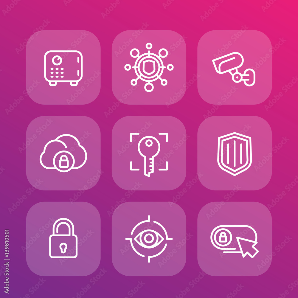 Security line icons set, secure server, lock, shield, strongbox, video surveillance, safety Security line icons set, secure server, lock, shield, strongbox, video surveillance, safety