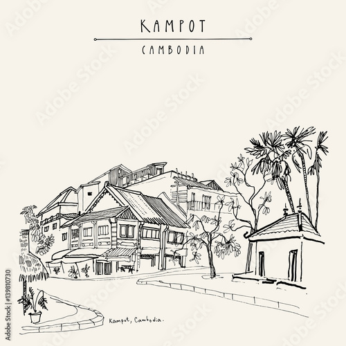 French architecture in Kampot  Cambodia. Vintage hand drawn postcard