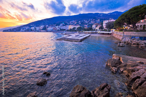 Town of Opatija at sunset waterfront view