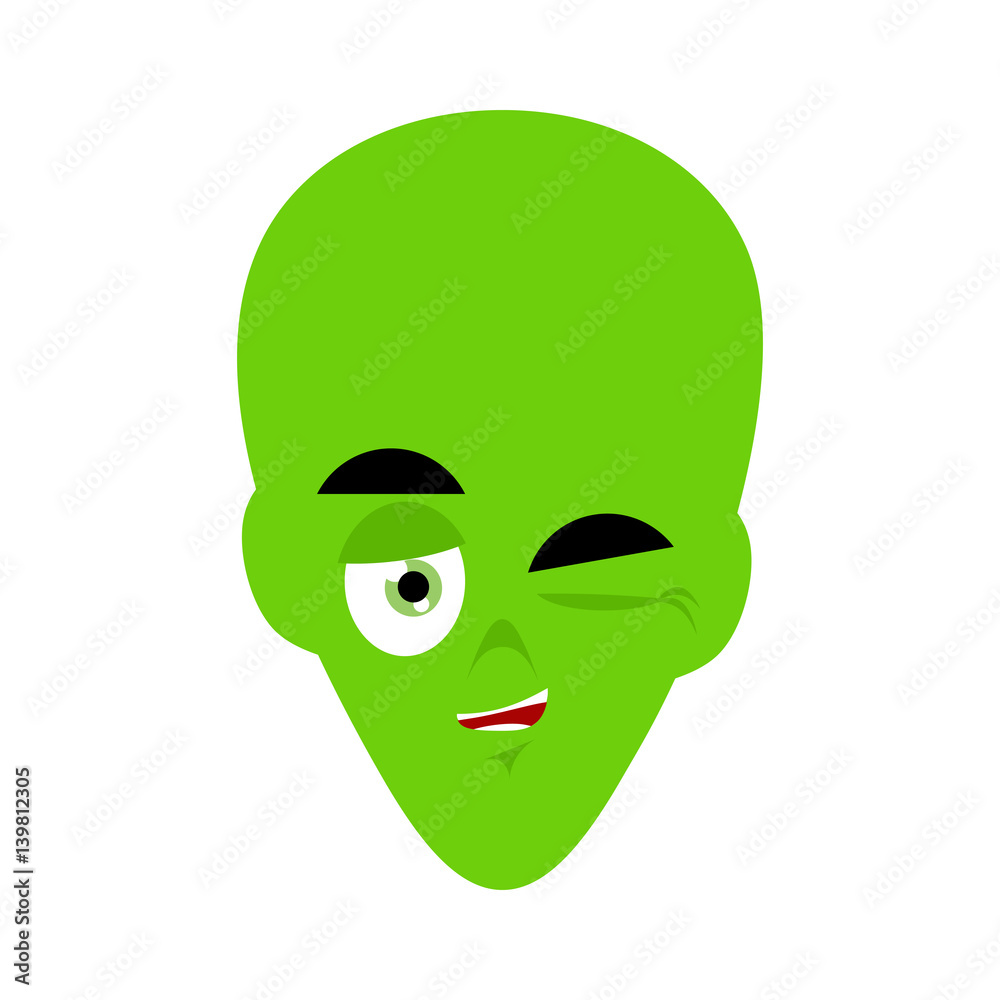 Green alien winks Emoji. UFO face happy emotion