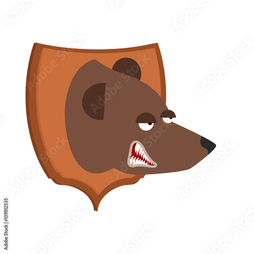Bear hunter trophy. Grizzly head on shield. Scarecrow wild beast