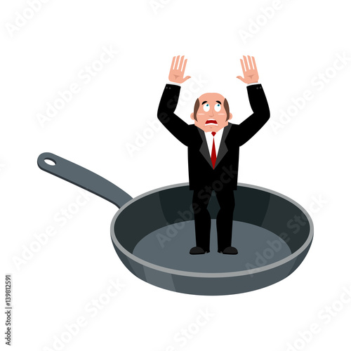 Businessman in frying pan. sinner in cauldron. boss is frying on hellfire. Religion is punishment for sins