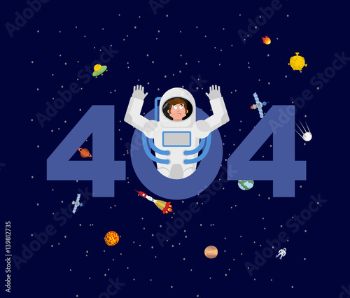Error 404. astronaut surprise. Page not found template for web site. spaceman does not know and is surprised. Page lost and found message. problem disconnect