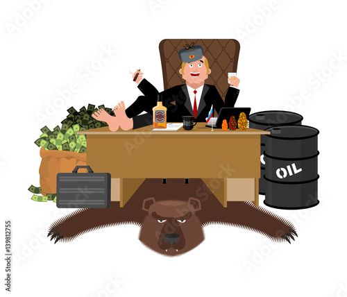 Russian oligarch sits at table and drinks whiskey. To smoke cigar. Rich man and bag of money. Businessman from Russia. Lot of cash. Office of moneybags. Bear skin and barrel of oil photo