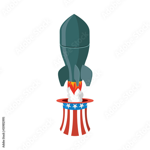 Missile USA. Rocket fly of hat Uncle Sam. American air bomb. America defense weapons