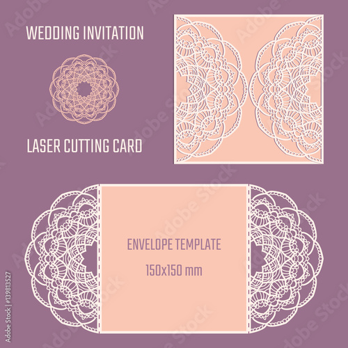 DIY laser cutting vector envelope. Wedding die cut invitation template. Cutout silhouette card. Fretwork envelope. Paper cutting. Scrapbook cutout template.