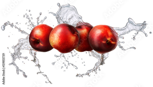 Water splash and fruits isolated on white backgroud. Fresh nectarine