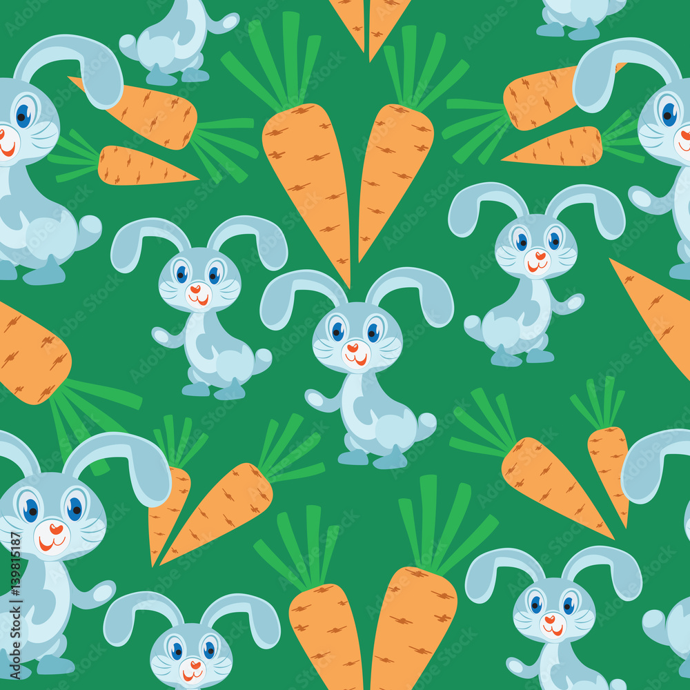 Naklejka premium Rabbits with a carrot on a green background. Seamless pattern. Children's cartoon character. Design for textiles, wall hangings, wrapping paper.