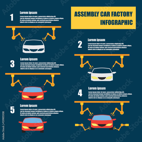 assembly car infographic / assembly line and car production plant process. flat vector illustration