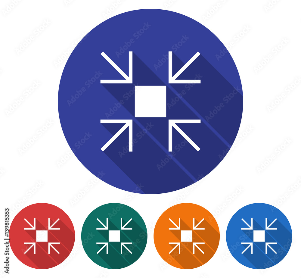 Round icon of reduce screen size. Flat style illustration with long shadow in five variants background color Round icon of reduce screen size. Flat style illustration with long shadow in five variants background color