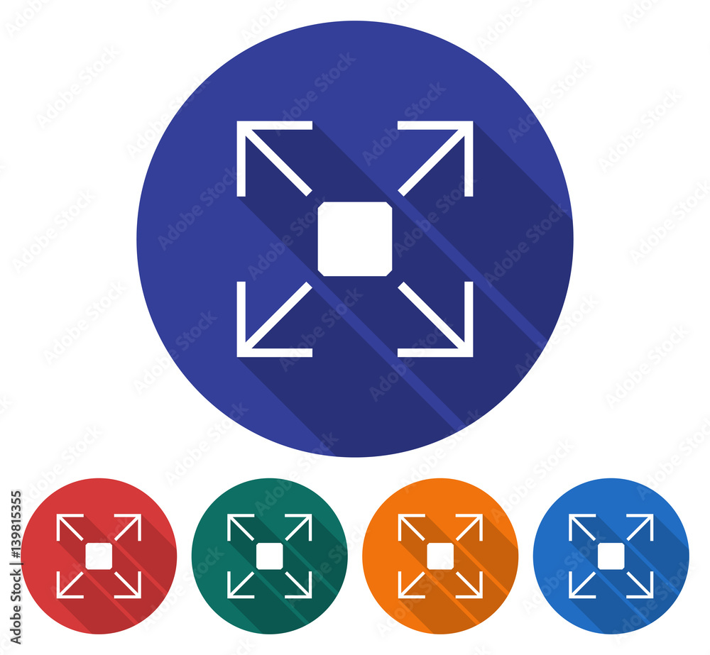 Round icon of full screen extend. Flat style illustration with long shadow in five variants background color Round icon of full screen extend. Flat style illustration with long shadow in five variants background color