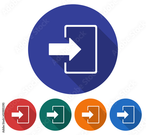 Round icon of entrance (login, registration, etc.). Flat style illustration with long shadow in five variants background color
