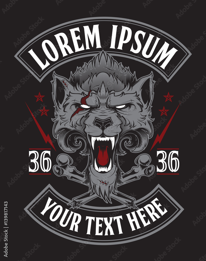 Obraz premium Głowa ryczącego wilka. Ilustracji wektorowych. T-shirt z nadrukiem