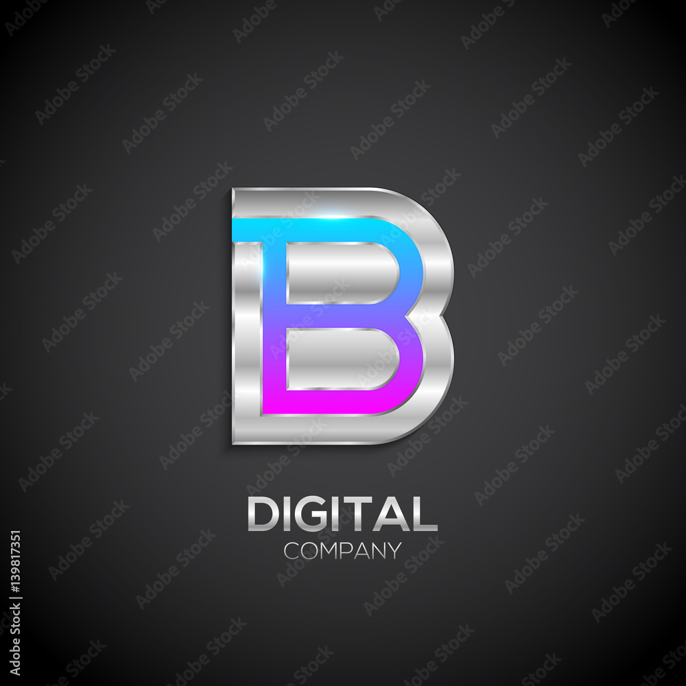 Letter B with metallic texture,3d Glossy, Digital and Technology, metal texture,  silver, steel and realistic shadow for logo, Vector illustration
