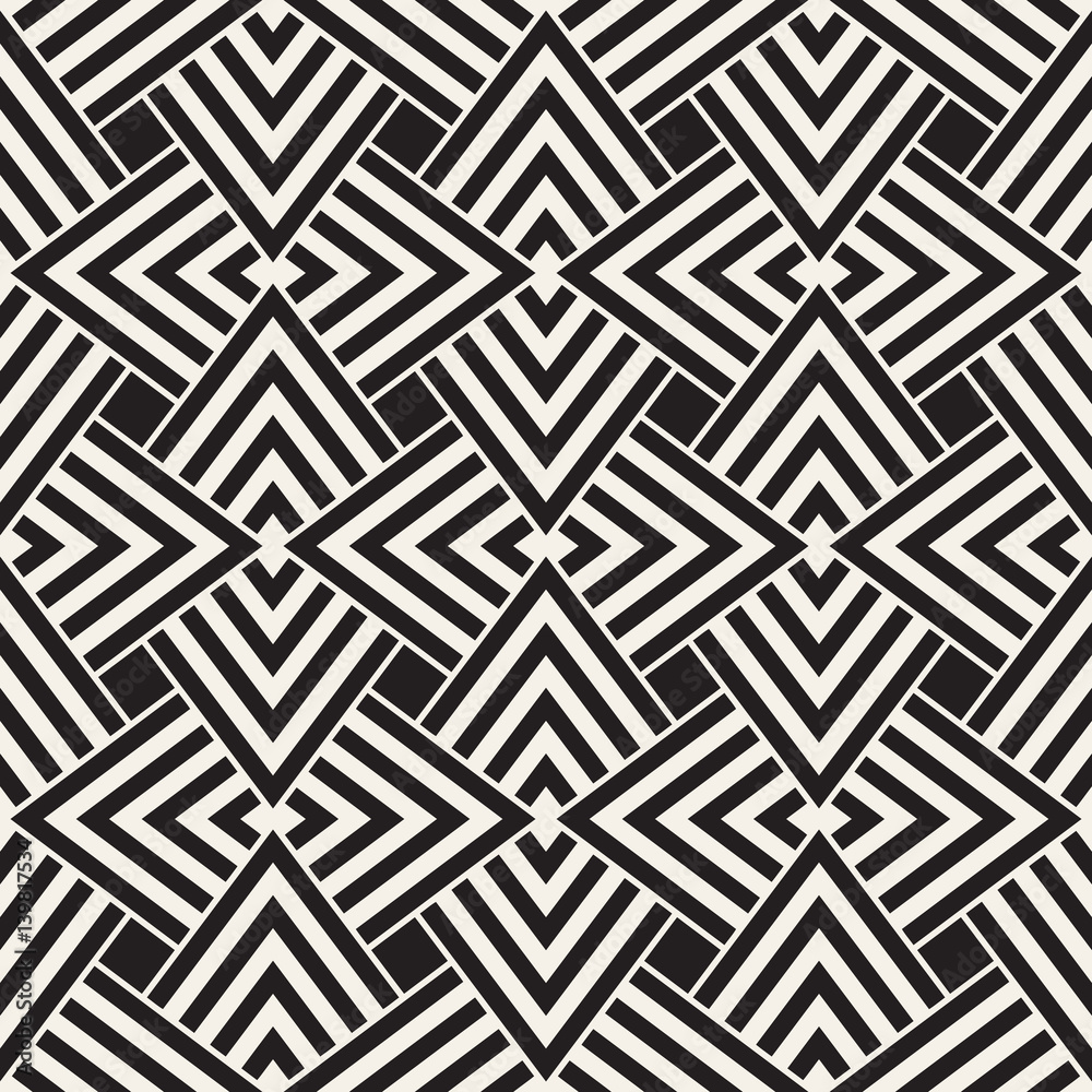 Geometric Ornament With Striped Rhombuses. Vector Seamless Monochrome Pattern