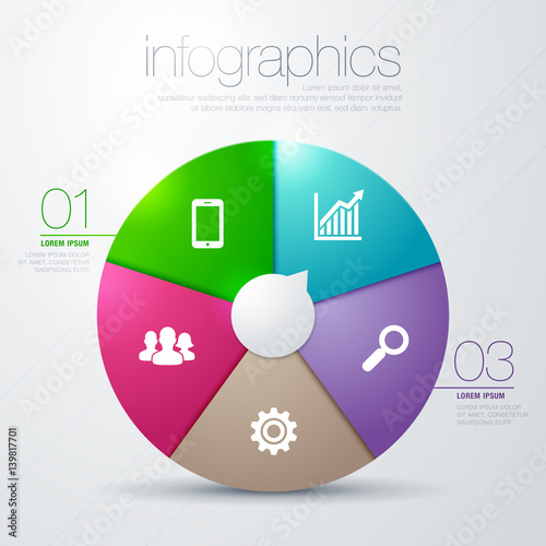 Moderne Vektor Darstellung Torten Diagramm in verschiedenen Farben mit Icons Smartphone, Lupe, Sales und Nummern