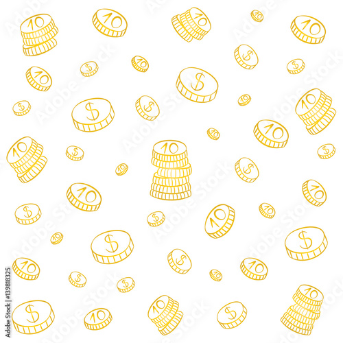 Hand Drawn Golden Coins. Doodle Money Rain. Sketch Style. Vector Illustration.