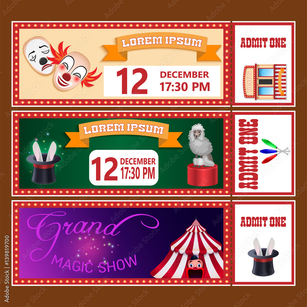 Circus show tickets vector templates with sample text on brown background
