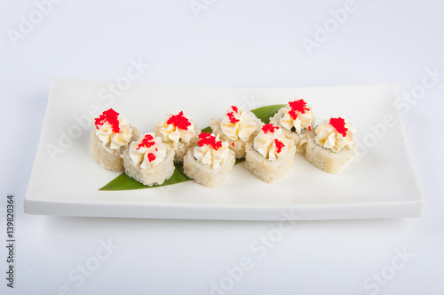 sushi roll with cream cheese, tuna, red caviar