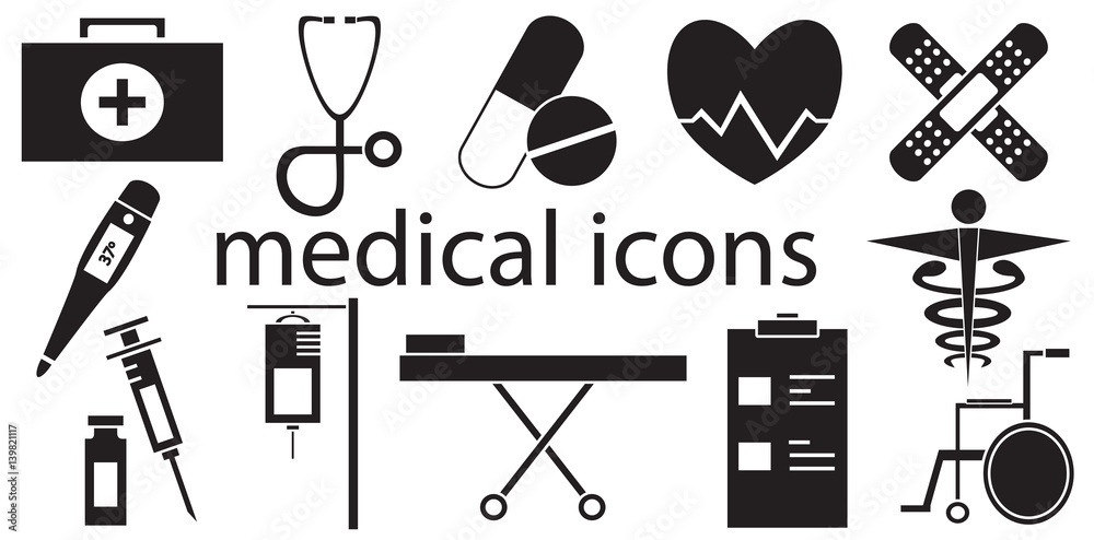 Black and white set of medical icons vector isolated in white ...