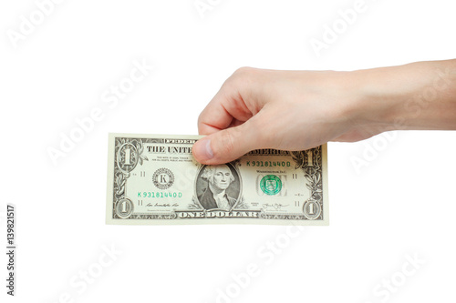 men hand holding and giving one dollar isolated on white background photo