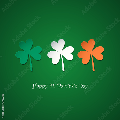 Happy Saint Patrick's Day greeting card with lucky clovers in colors of the irish national flag. Vector illustration.