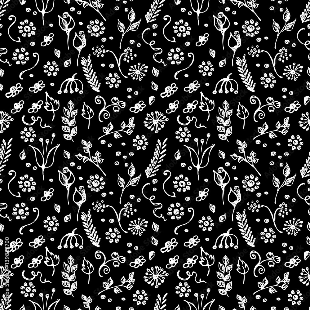 Seamless vector pattern, blue hand drawn background with flowers, branch, leaves, dots. Hand sketch drawing. Doodle funny style. Series of Hand Drawn seamless childish Patterns. Seamless vector pattern, blue hand drawn background with flowers, branch, leaves, dots. Hand sketch drawing. Doodle funny style. Series of Hand Drawn seamless childish Patterns.