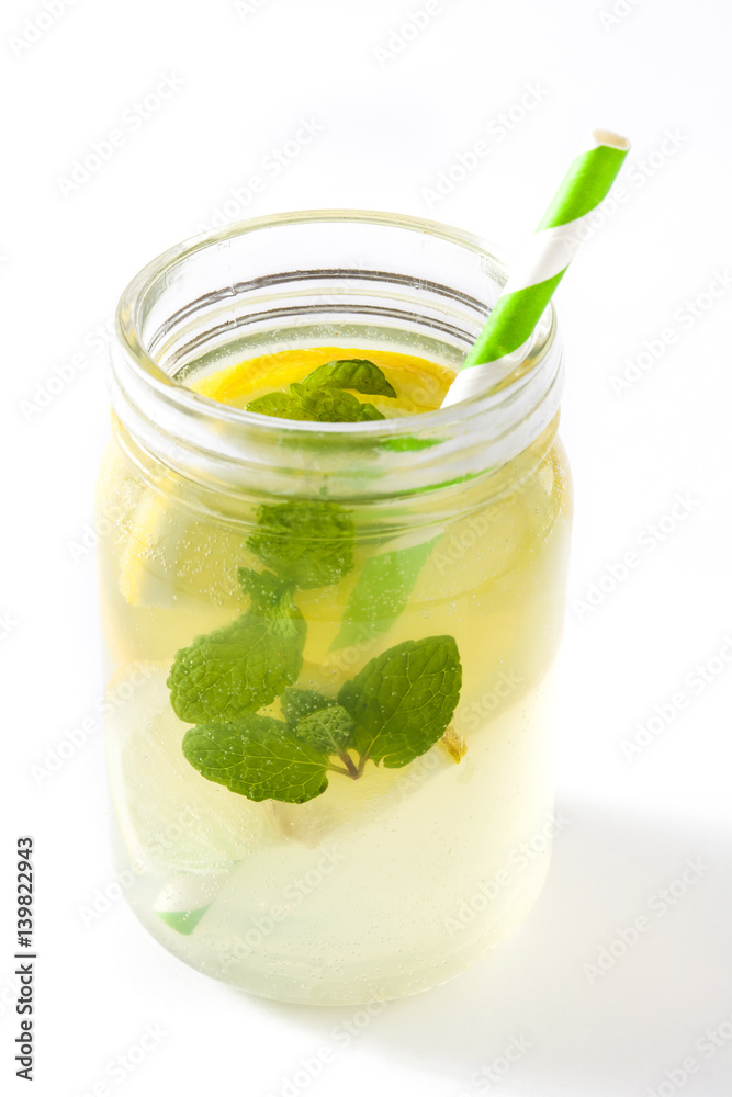 Lemonade drink in a jar glass isolated on white background
Lemonade drink in a jar glass isolated on white background