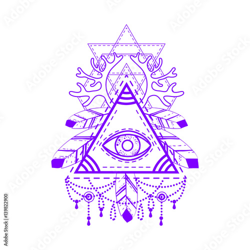 
All-seeing eye pyramid symbol. Old school tattoo. Mystic sign of alchemy, of Providence, the occult, magic, Freemasonry and the Illuminati. Conspiracy theory. Vector illustration.
