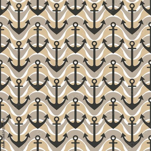 Vector seamless pattern with anchor, waves. Symmetrical brown background, nautical theme. Graphic illustration. Template for wrapping, backgrounds, fabric, prints, decor, surface