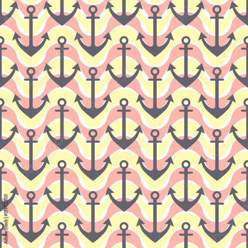 Vector seamless pattern with anchor, waves. Symmetrical brown background, nautical theme. Graphic illustration. Template for wrapping, backgrounds, fabric, prints, decor, surface