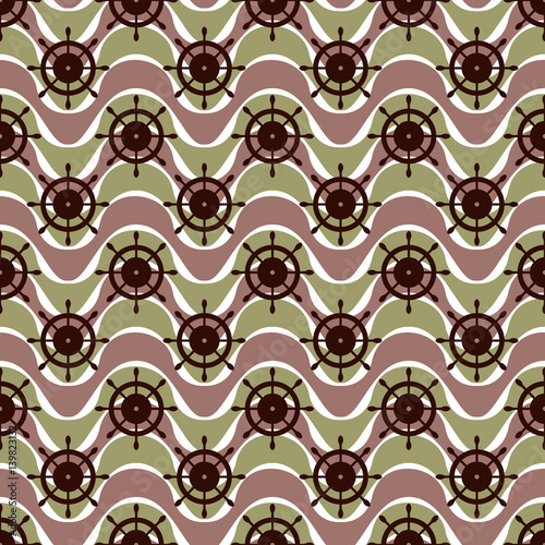 Vector seamless pattern with steering wheel, waves. Symmetrical grey background, nautical theme. Graphic illustration. Template for wrapping, backgrounds, fabric, prints, decor, surface