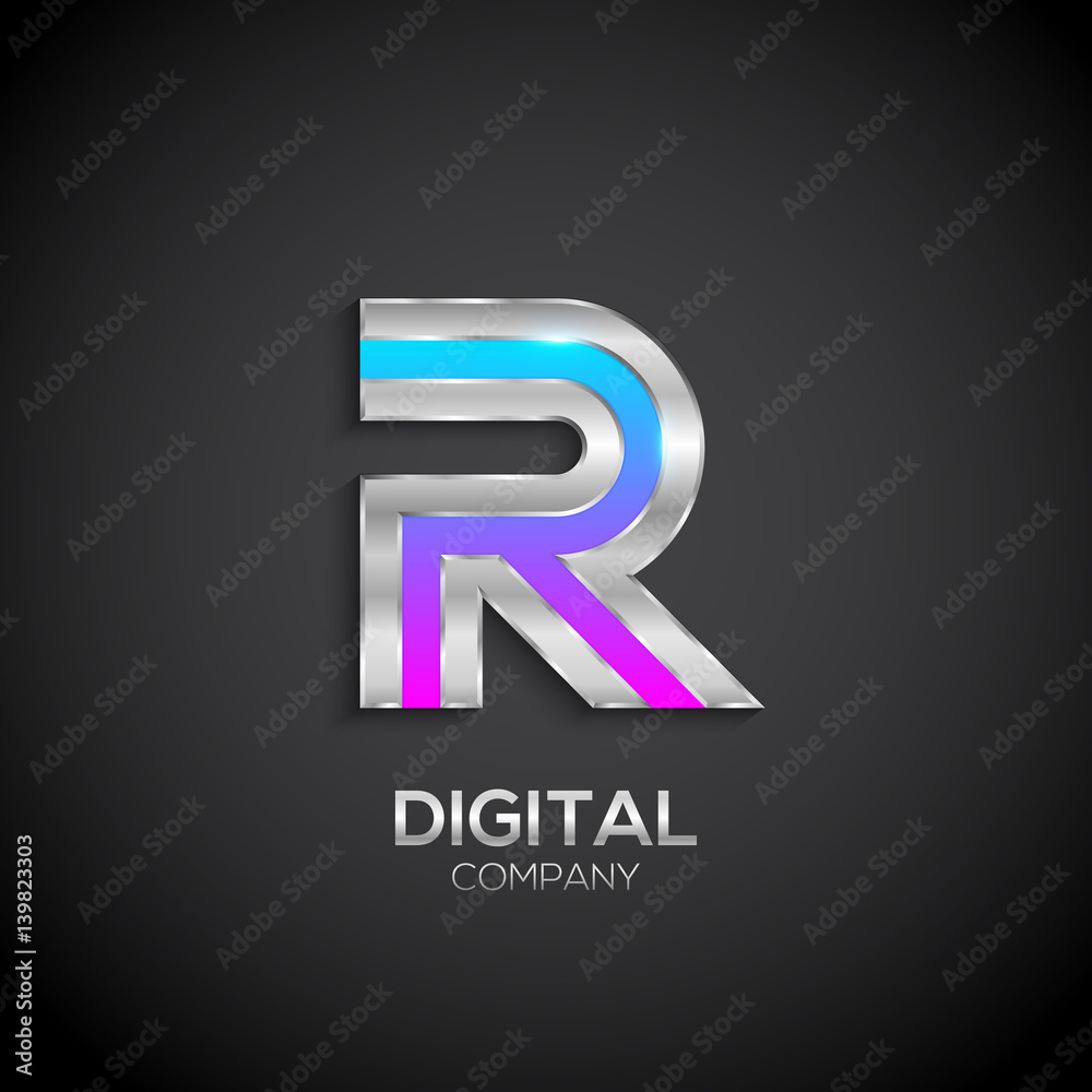 Letter R with metallic texture,3d Glossy, Digital and Technology, metal