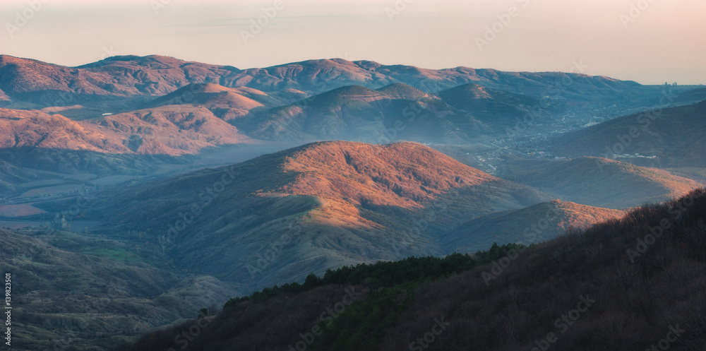 Crimea mountain valley in a sunset light