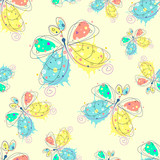 Vector seamless floral pattern with insect Hand drawn outline decorative endless background with cute drawn butterfly, flowers Graphic illustration. Line drawing. Print for wrapping, background, decor