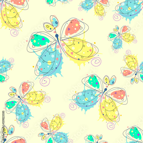 Vector seamless floral pattern with insect Hand drawn outline decorative endless background with cute drawn butterfly  flowers Graphic illustration. Line drawing. Print for wrapping  background  decor