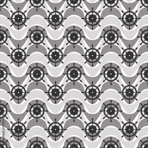 Vector seamless pattern with steering wheel, waves. Symmetrical grey background, nautical theme. Graphic illustration. Template for wrapping, backgrounds, fabric, prints, decor, surface