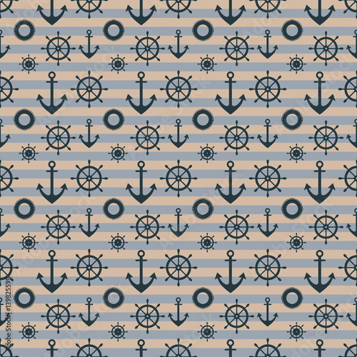 Vector seamless pattern with anchor, steering wheel, diagonal lines. Symmetrical background, nautical theme. Graphic illustration. Template for wrapping, backgrounds, fabric, prints, decor, surface