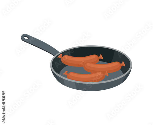 Sausages in pan to fry. Meat delicacy. Food isolated