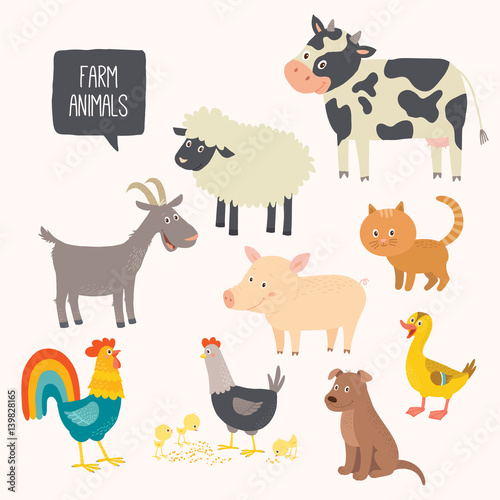 Set of cute farm animals - dog, cat, cow, pig, hen, cock, duck, goat.