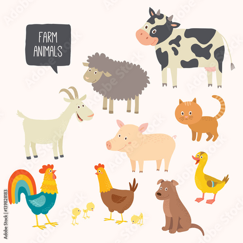 Fototapeta Naklejka Na Ścianę i Meble -  Set of cute farm animals - dog, cat, cow, pig, hen, cock, duck, goat.