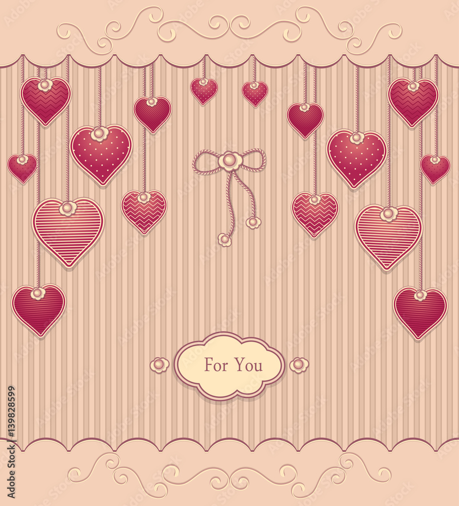 Post Card with texture Hearts on ropes in pink red pastel colors Post Card with texture Hearts on ropes in pink red pastel colors