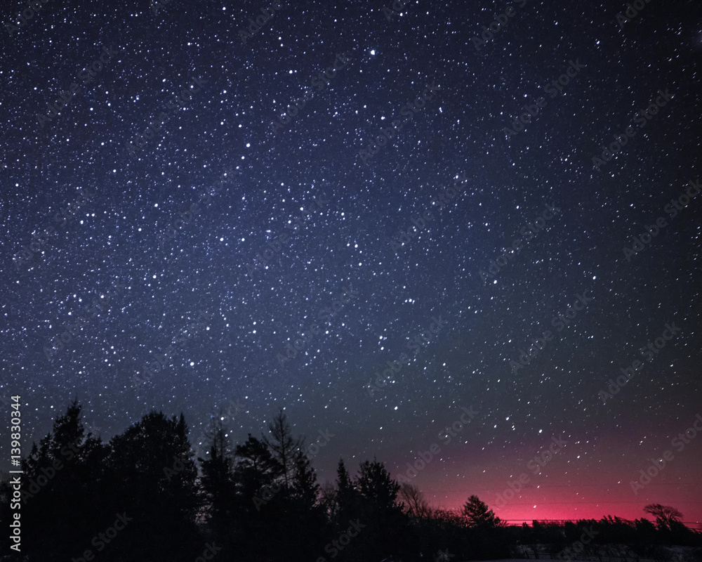 Naklejka premium Rural Winter Landscape at night with trees and stars