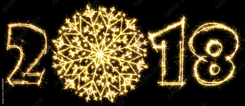 New Year. Number 2018 with snowflake made by sparkler. Isolated on a black background. New Year. Number 2018 with snowflake made by sparkler. Isolated on a black background.