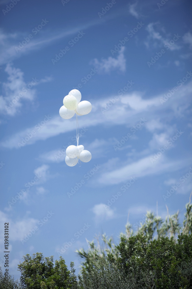 Palloncini bianchi in volo su sfondo cielo blu e vegetazione Stock Photo
