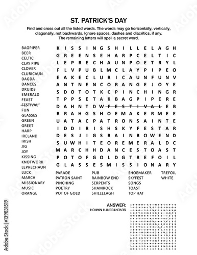 St. Patrick's Day holiday themed word search puzzle (English language). Black and white. Answer included.

