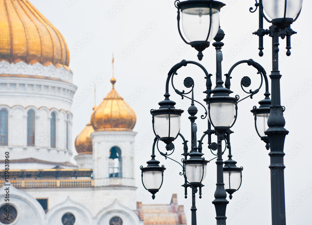 Lanterns and fragment of  the Cathedral of Christ the Savior. Winter. Moscow. Russia