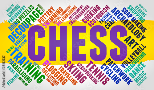 Chess. Word cloud, multicolor font, yellow stripe, grey gradient background. Hobby.